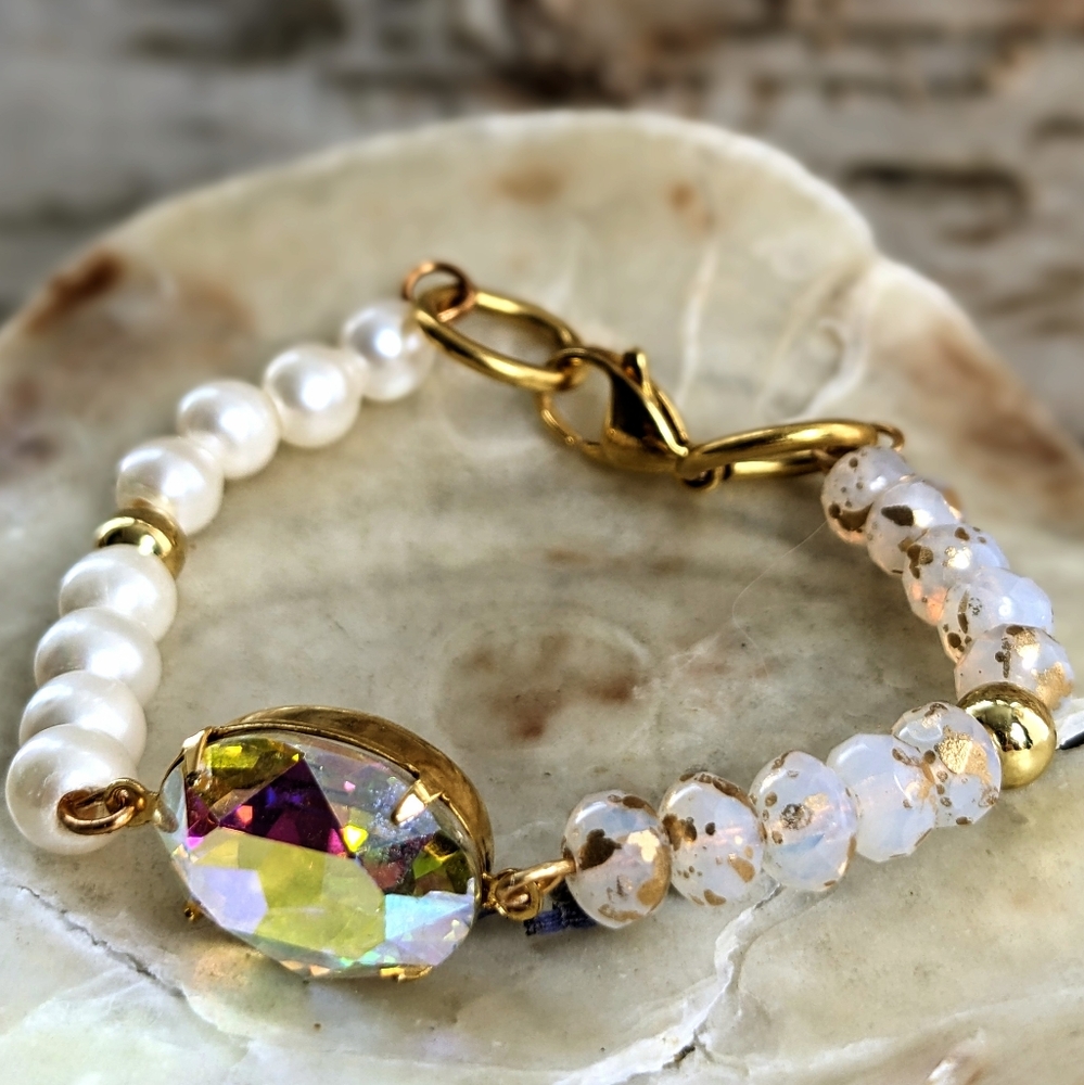 White Opal W/ Gold Specks & Pearls With White AB Centerpiece Bracelet